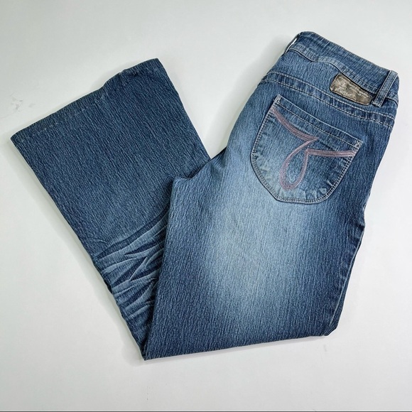 VINTAGE Y2K Foxy Jeans Farrah Super Flare Jean Blue Medium Washed Whisker Jeans - Picture 2 of 16